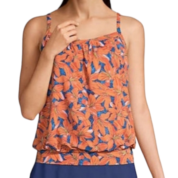 Lands End, orange and blue Lily pattern Blouson tankini top. 14 - Picture 10 of 10